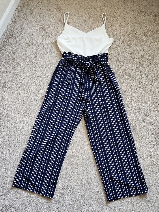 J for Justify Pants - J for Justify Navy and White Striped Jumpsuit with Tie Waist